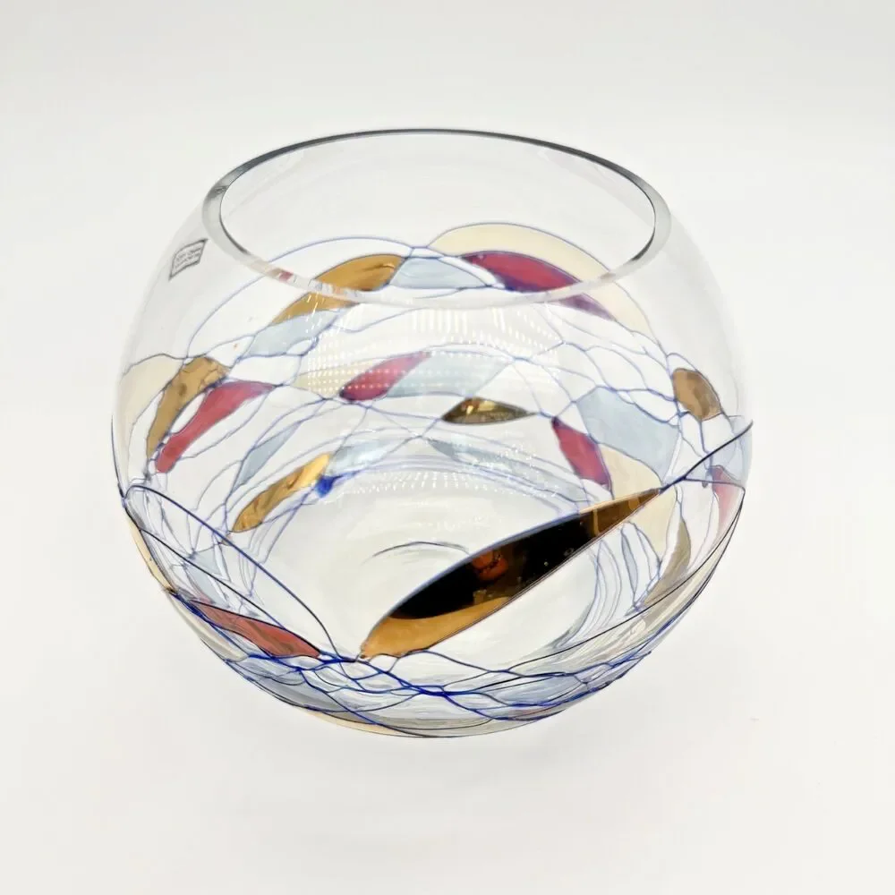 Romanian Mosaic Stained Glass Hand Blown Crystal Fish Bowl Round Vase Swirl 6”